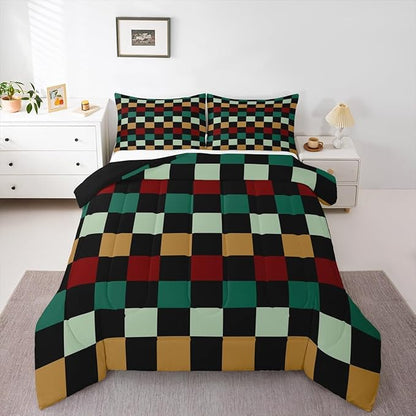 Checkered Retro Comforter Set King Size Green Red Yellow Plaid Bedding Set for Kids Boys Girls Geometric Vintage Duvet Quilt Modern Simple Groovy Aesthetic Bedroom Decor 3 Pcs with 2 Pillow Cases