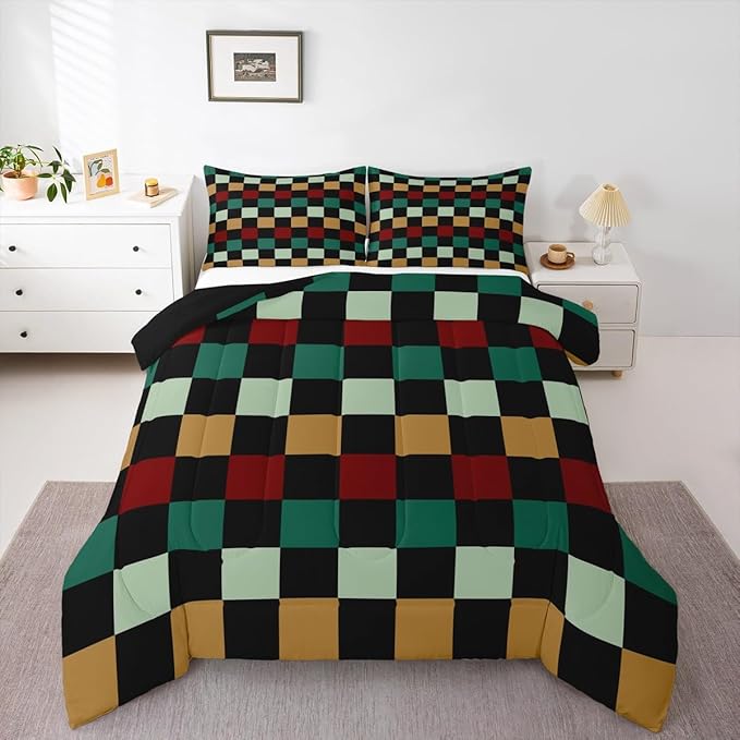 Checkered Retro Comforter Set Twin Size Green Red Yellow Plaid Bedding Set for Kids Boys Girls Geometric Vintage Duvet Quilt Modern Simple Groovy Aesthetic Bedroom Decor 2 Pcs with 1 Pillow Cases
