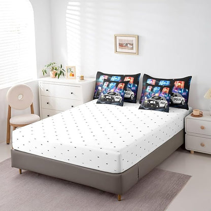 Kids Police Car Toddler Bed in a Bag Policeman Boys Comforter Set with Sheets for Adults Girls Black The Polica Vehicle 7 Piece Bedding Set Automobile Car Decor Bed Set with 2 Pillowcases Queen