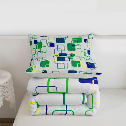 Erosebridal Green Geometric Comforter Set King Abstract Minimalist Square Bedding Set Modern Aesthetic Stripes Comforter for Kids Girls Boys Color Block Grid Quilt Duvet