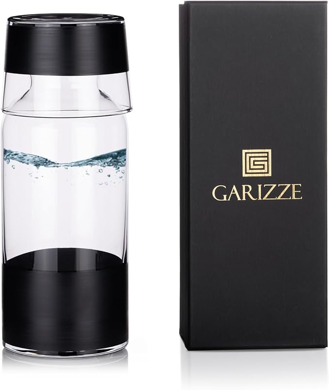 GARIZZE Bedside Water Carafe and Glass Set for Bedroom, Bedside Carafe and Glass Set, Mouthwash Decanter for Bathroom, Water Carafe with Glass Cup for Nightstand (24-oz/7-oz) (BLACK) Standard Package