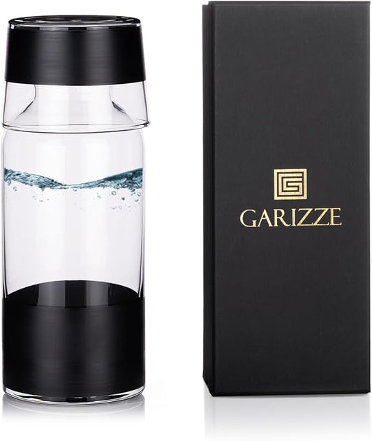 GARIZZE Bedside Water Carafe and Glass Set for Bedroom, Bedside Carafe and Glass Set, Mouthwash Decanter for Bathroom, Water Carafe with Glass Cup for Nightstand (24-oz/7-oz) (BLACK) Standard Package