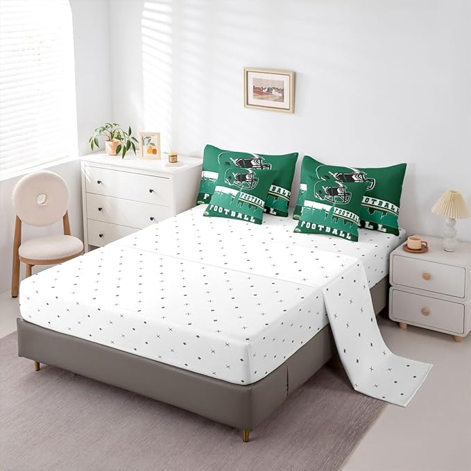 Erosebridal Football 7 Pcs Comforter Set King Football City Bedding for Men Boys Green Football Fans Sheet Set Bed in A Bag Rugby Game Room Decor Sports Ball Competition Quilt