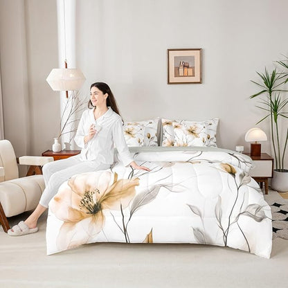 Erosebridal Champagne Flower King 7 Pieces Bedding Set, Boho Floral Comforter Set with Sheets, Elegant Flower Boho Bed in A Bag for Women Adults Girls Bedroom, Watercolor Flowers Bed Sets