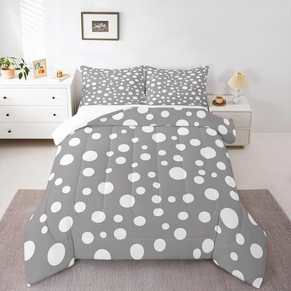 Manfei White Polka Dots Comforter Set Twin Size,French Style Cute Dots Print Bedding Set for Kids Teens,Simple Gray White Geometric Circles Comforter,2 Pcs 1 Pillowcase