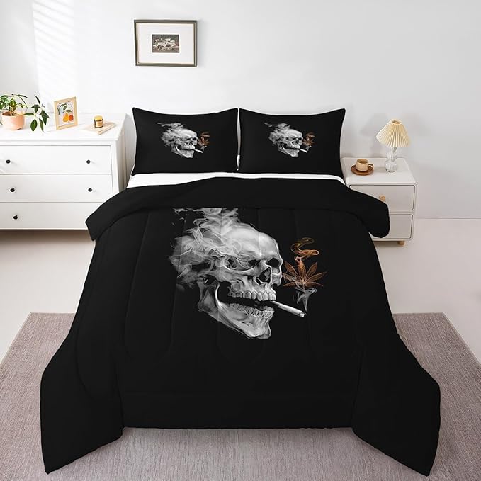 Erosebridal Gothic Skull Comforter Set Twin,Orange Leaves Bedding for Women Men Adults,Tropical Botanical Plant Bedding Comforter Sets,Smoky Skeleton Down Comforter