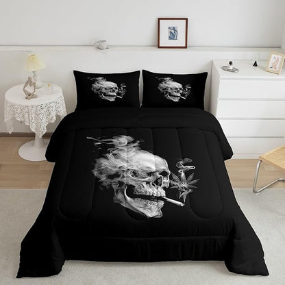 Erosebridal Smoky Skull Comforter Set Full,Gray Leaves Bedding for Kids Teens Adult,Gothic Skeleton Down Comforter, Plant Tropical Botanical Bedding Comforter Sets,Luxury Soft