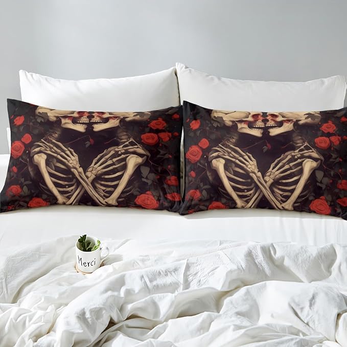 Erosebridal Sugar Skull Down Comforter Queen Size, Gothic Skeleton Bones Comforter Set, Halloween Horror Bedding Set, Rose Flower Quilt for Teens Youth Adult Women Men Room