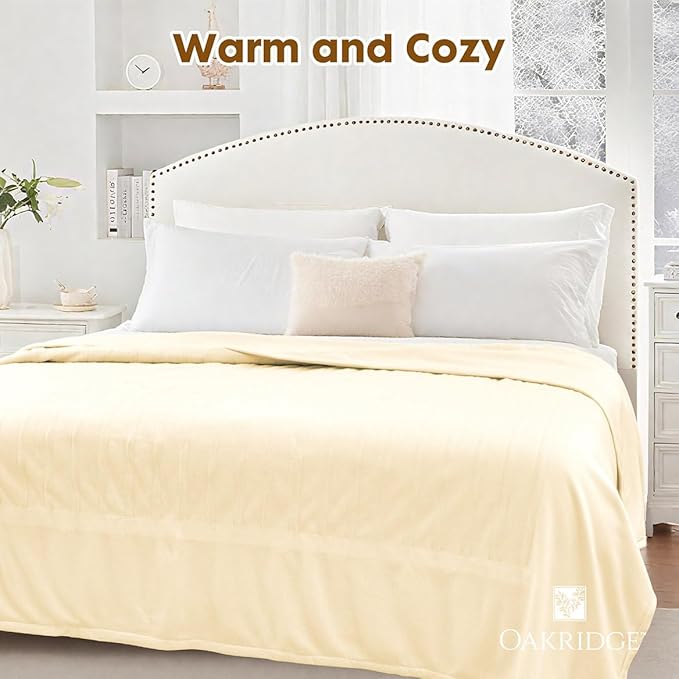 OakRidge Digital Comfort Fleece Heated Full Blanket - Natural, 100% Polyester, Machine Washable, Oeko-TEX Certified, Perfect for Warm Nights, Controlled Heat Settings