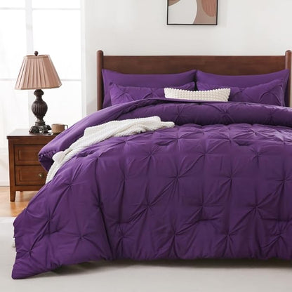 Sheet&Joy King Size Comforter Set, 7-Piece Bed in a Bag, Pintuck Bedding Set for All Season, Includes Comforter, Flat Sheet, Fitted Sheet, Pillowcases and Pillowshams, Purple