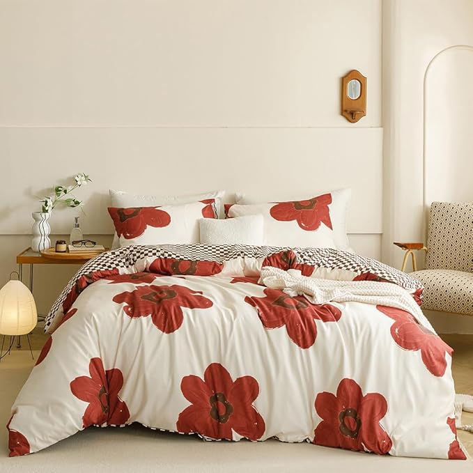 CLOTHKNOW Rust Sunflower Queen Comforter Set 3Pcs Floral Bedding Comforter Sets Brown Plaid Queen Comforter Botanical Queen Size Comforter Sets