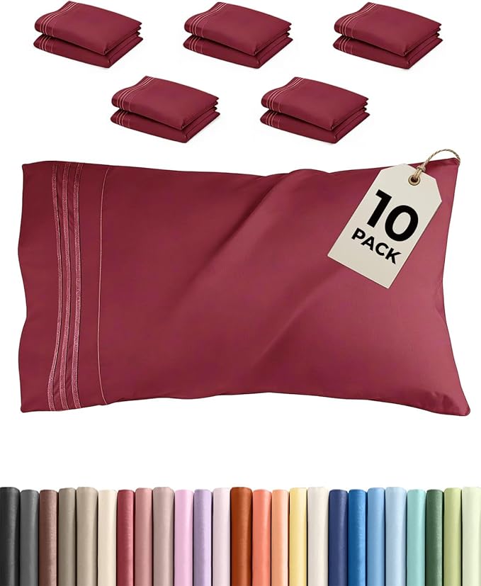 Queen Pillow Cases Set of 10 - Ultra Soft Hotel Quality Pillowcase Covers - Comfy, Cozy & Wrinkle Free - Shrink, Stain and Fade Resistant - Machine Washable Pillow Protectors - 10 Pcs Set - Burgundy