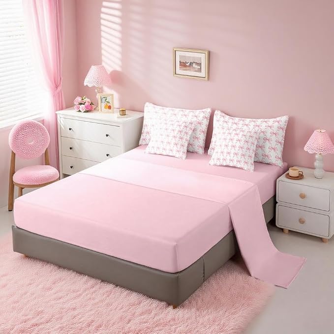 Feelyou Cute Pink Bow Comforter Set King Size, Pink Girls Bow 7 Pcs Bedding Set for Kids, Dreamy Bowknot Princess Bed in a Bag, Bed Sheet Sets with Fitted Sheet Pillowcases for Bedroom Bed Decor