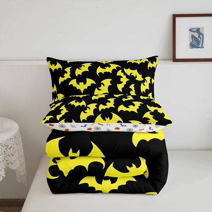 Erosebridal Yellow Bat Toddler Comforter Halloween Bat Bedding Set Spooky Goth Gothic Animal Duvet Insert Horror Halloween Bed Sets for Kids Teens Adults