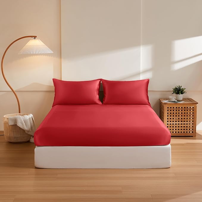 THXSILK 6A+ Top Grade 100% Pure Mulberry Silk Cal. King Fitted Sheet 3Pcs Set Bed Sheets Luxury Bedding for Hair and Skin Breathable Cooling Natural Materials, 1 Fitted Sheet with 2 Pillowcases, Red