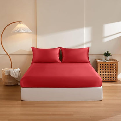 THXSILK 6A+ Top Grade 100% Pure Mulberry Silk Cal. King Fitted Sheet 3Pcs Set Bed Sheets Luxury Bedding for Hair and Skin Breathable Cooling Natural Materials, 1 Fitted Sheet with 2 Pillowcases, Red