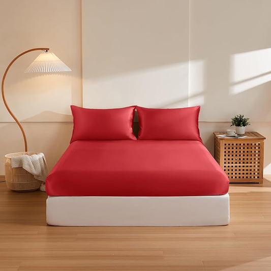 THXSILK 6A+ Top Grade 100% Pure Mulberry Silk King Fitted Sheet 3Pcs Set Bed Sheets Luxury Bedding for Hair and Skin Breathable Cooling Natural Materials, 1 Fitted Sheet with 2 Pillowcases, Red