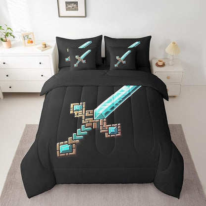 Blue Sword 7Pcs Comforter Set King Size,Pixelated Check Sword Bedding Set,Sandbox Block Gaming Fitted Flat Sheet for Kids Boys Teens Room Decor,Modern Black Games Theme 2 Throw Pillow,2 Pillowcases