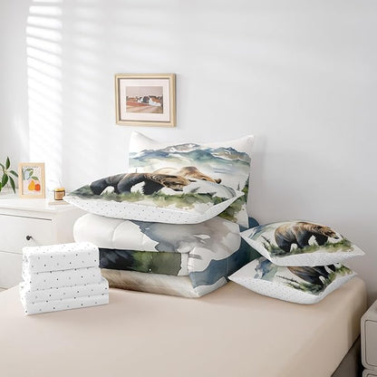 Erosebridal Rustic Bear King Bedding Set, Wild Woodland Animal Bed in A Bag,Bear Hunting Comforter Sets with Sheets, Watercolor Animal Theme 7 Pieces Bed Set Bedroom Decor