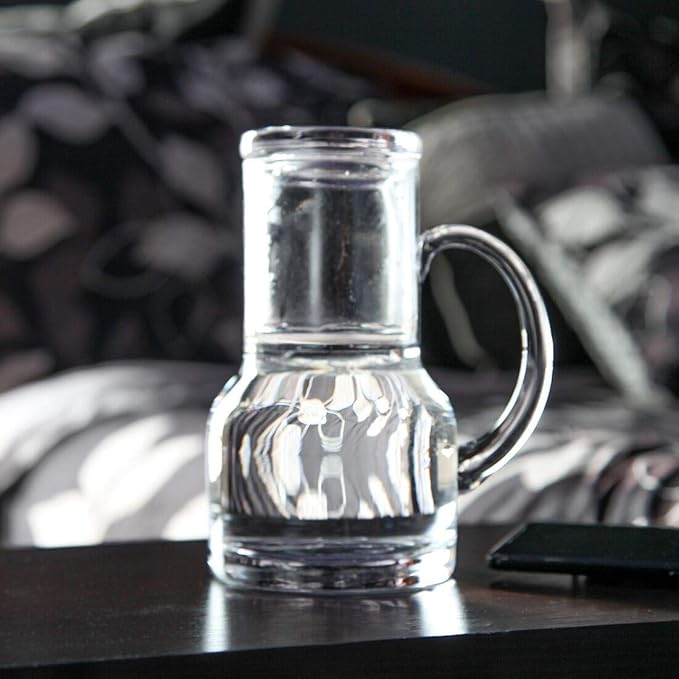 Lily's Home 16 oz Glass Water Carafe for Bedroom or Kitchen - Carafe with Cup Lid & Handle, Perfect for Bedside or Desktop Use, Modern Design