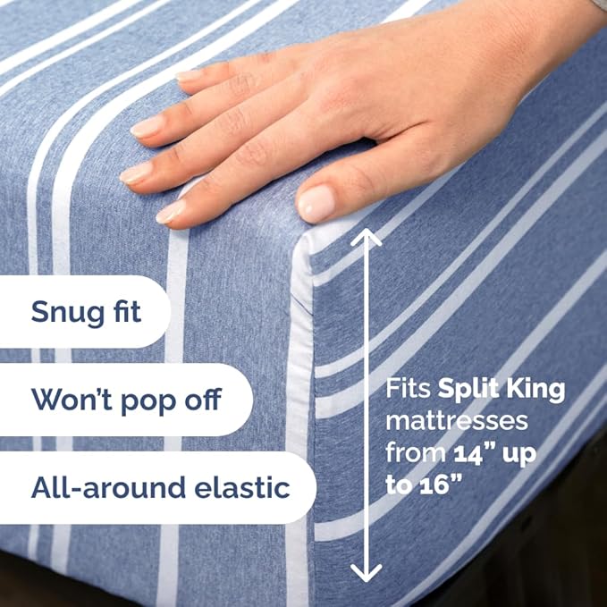 Flex Top Split Head King 4 Piece Sheet Set - Comfy Breathable & Cooling Bed Sheets Set - Hotel Luxury Bedding for Women, Men, Kids, Teens, Boys & Girls - Deep Pockets, Soft - Oeko-Tex - Blue Stripes