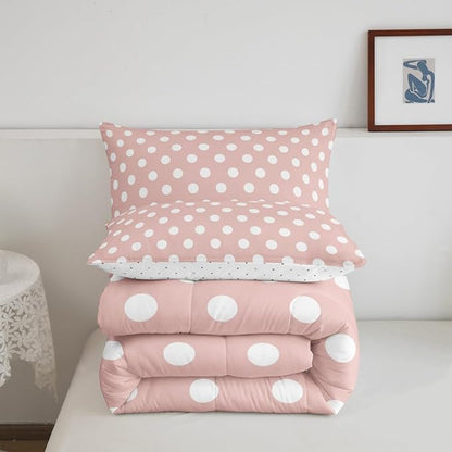 Manfei Polka Dots Comforter Set Queen Size 3 Pcs,Modern Geometric Circles Abstract Simple Art Bedding Set,Cartoon French Style Dots Pink White Quilt Set for Young Adults,2 Pillowcases