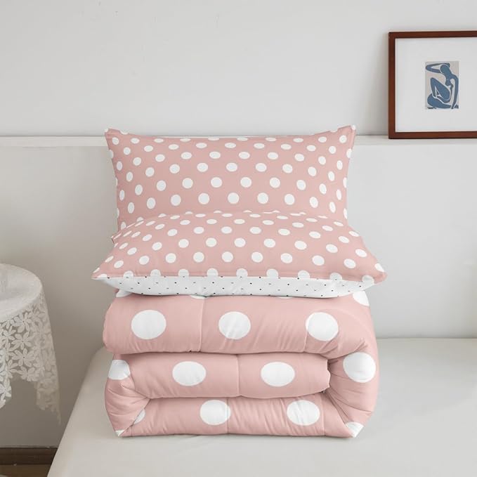 Manfei Polka Dots Comforter Set Twin Size 2 Pcs,Modern Geometric Circles Abstract Simple Art Bedding Set,Cartoon French Style Dots Pink White Quilt Set for Child Bedroom,1 Pillowcase