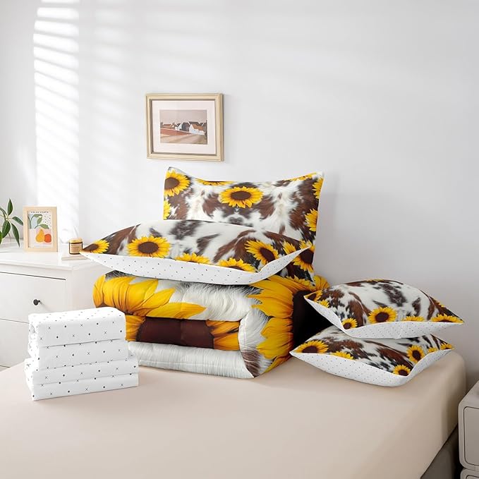 Erosebridal 7 Pcs Cow Print Comforter Set Full Size,Sunflower Cow Bed in a Bag with Flat Sheet and Fitted Sheet for Kids and Adults,Farm Cowhide Flower Bedding Set with Pillowcases and Cushion Cases