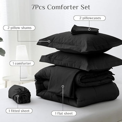 JOLLYVOGUE California King Comforter Set, Ultra-Soft Bed in a Bag Cal King Size 7 Pieces, Oeko-TEX Certified Bedding Set with Down Alternative Comforter, Sheets, Pillowcases & Shams, Black