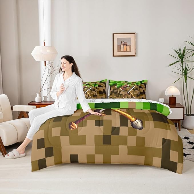 Castle Fairy Axe Sword 7 Piece Comforter Sets King Size,Camouflage Blocks All Season Reversible Bed in a Bag Miner Theme Bedding Sets Pixel Style Flat Sheet,Fitted Sheet,Pillowcases