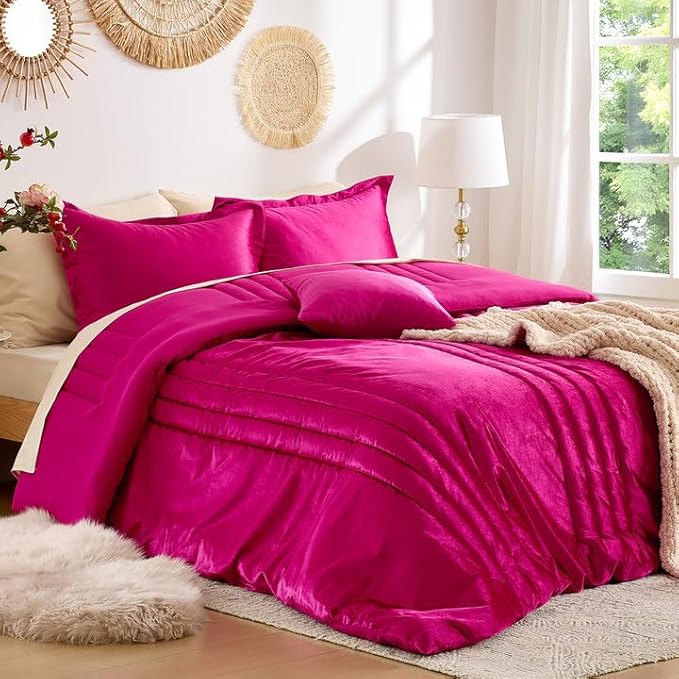MUSSEL King Size Comforter Set Hot Pink 3 Pieces,Luxury Velvet Striped Bedding Comforter Sets,Elegant Lightweight Neutral Soft Fluffy King Comforter Sets for Bedroom