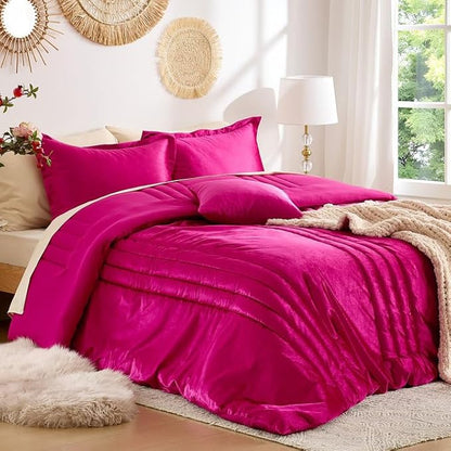 MUSSEL King Size Comforter Set Hot Pink 3 Pieces,Luxury Velvet Striped Bedding Comforter Sets,Elegant Lightweight Neutral Soft Fluffy King Comforter Sets for Bedroom