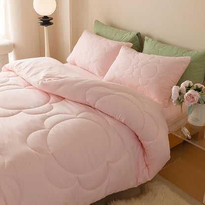 CLOTHKNOW Pink Blush Queen Comforter Set Daisy Puff Bedding Comforter Sets Soft Floral Queen Comforter Pink Comforter with 2 x Pillow Cases