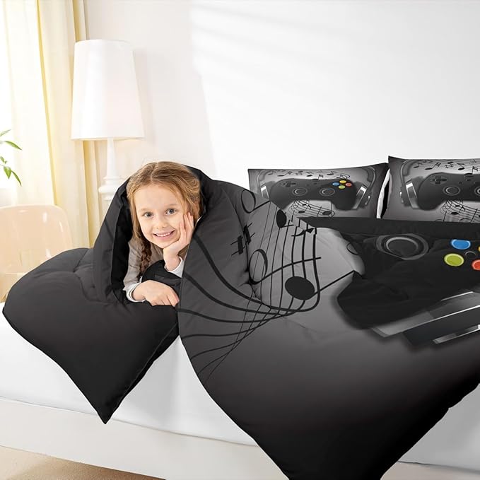 Gamer Comforter Set Queen Size,Black Grey Headphones Musical Design Games Gamepad Bedding Set for Kids Boys Video Game Room Decor Retro Playing Gamer Down Comforter Gaming Controller Quilted Duvet Set