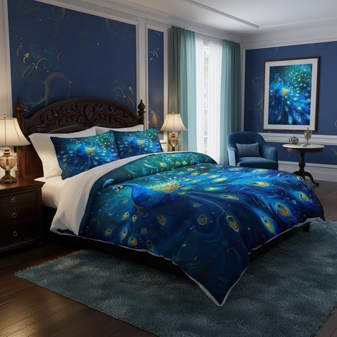 Full Size Peacock Comforter Set,Luxury Blue Bird Bedding Sets,3 Pieces Soft Fluffy Microfiber with 2 Pillowcases/79 * 90