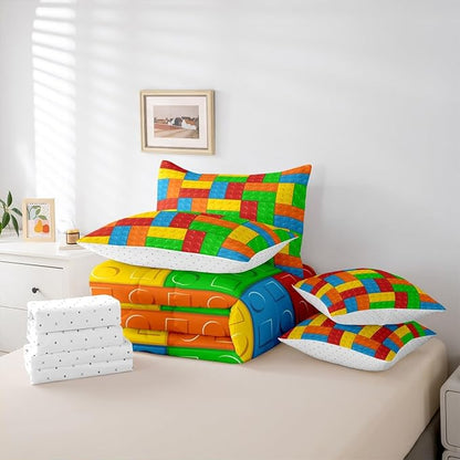 Building Block Kids Comforter Set 7 Pcs Queen Size, Brick Style Cartoon Gaming Bedding Quilt Set for Child Boys Room Decor Colorful Construction Fitted Flat Sheet 2 Throw Pillow Covers 2 Pillowcases