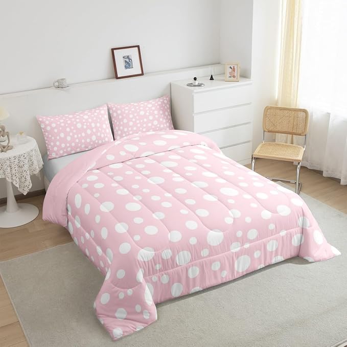 Manfei White Polka Dots Comforter Set Toddler Size,Geometric Circles Pink White Simple Girly Bedding Set for Kids Teens,Princess French Style Cute Dots Print Comforter,2 Pcs 1 Pillowcase