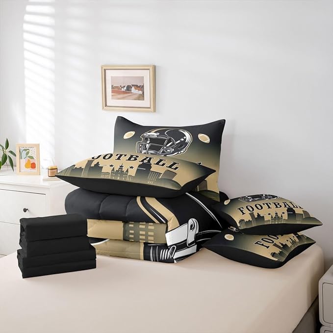 Erosebridal Football Queen Bed in A Bag for Boys Girls,American Rugby Sports Games Bedding Set 7 Pcs Football City Comforter Set with Sheets Black Beige Ombre Bed Set for Kids Teen Adults