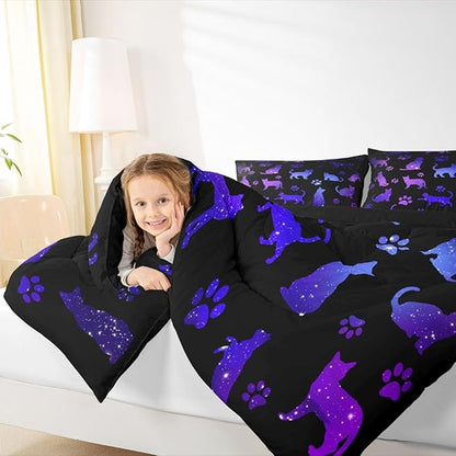 Cat Comforter Set Full Cat Lovers Bedding Cats Cartoon Silhouette Purple Blue Reversible Black Ombre Bedding Comforter Sets Neon Pets Animal Paw Print Galaxy Slitter Stars Quilt For Kids Boys Girls