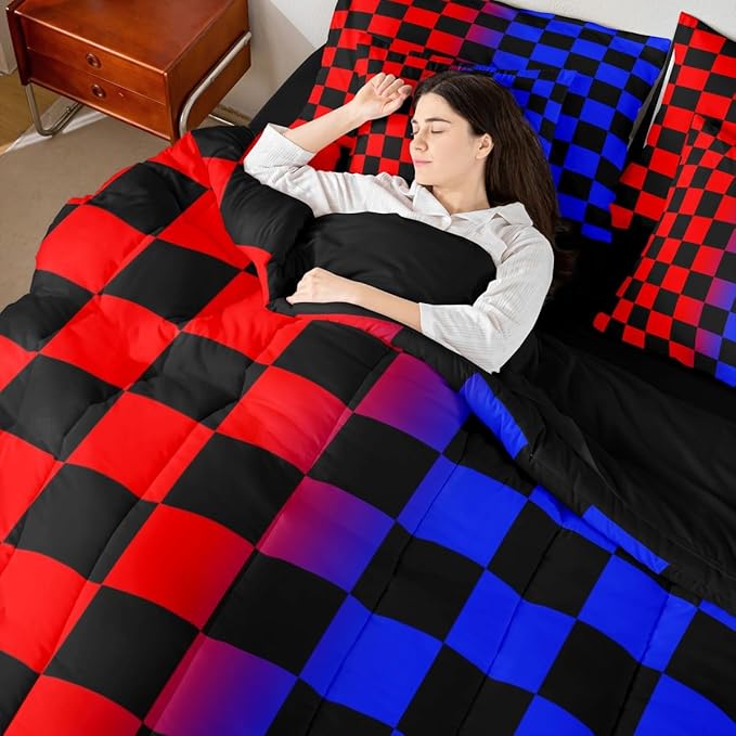 Checkered Comforter Set With Sheets 7 Piece King Size Red Blue Plaid Bed in a Bag Kids Boys Girls Cute Retro Neutral Checkerboard Geometric Bedding Set Vintage Aesthetic Bedroom Decor Breathable Soft