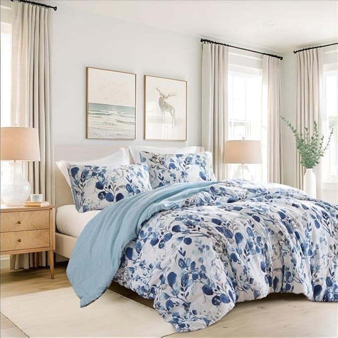 Lightweight Seersucker Botanical King Size Comforter Set, 3 Pieces Reversible Design Bed Comforter, Premium Microfiber Bedding Set, Comforter and Shams Set, Blue