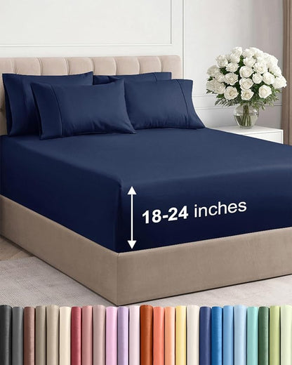 Extra Deep Cal King Sheet Set - 6 Piece Breathable and Cooling Sheets - Hotel Luxury Bedding for Women, Men, Kids & Teens - Easy & Secure Fit - Soft and Wrinkle Free - Extra Deep Pockets - Navy Blue
