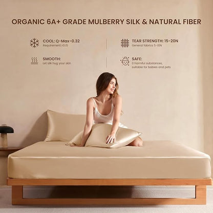 THXSILK Luxury Mulberry Silk Bed Sheets Set - 4pcs 16" Deep Pocket Silk Sheets Set - 1 Fitted Sheet, 1 Flat Sheet, 2 Pillowcases with Zipper Closure - Queen, Champagne