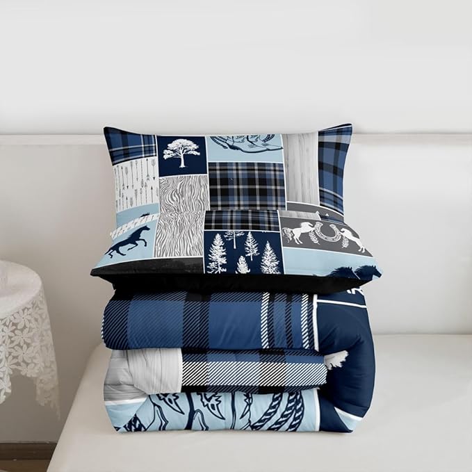 Erosebridal Hunting Horse Comforter Set Twin Size, Rustic Cabin Lodge Bedding Set Western Horseshoe Duvet Insert Arrow Southwest Cowboys Cowgirls Down Comforter Vintage Adventure Bedroom Decor,Blue