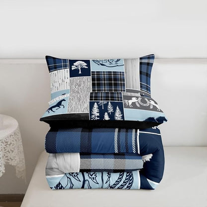 Erosebridal Hunting Horse Comforter Set Queen Size, Rustic Cabin Lodge Bedding Set Western Horseshoe Duvet Insert Arrow Southwest Cowboys Cowgirls Down Comforter Vintage Adventure Bedroom Decor,Blue