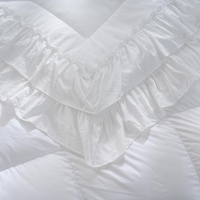 Boho Bedding Comfrter Queen White Comforter Set Shabby Chic Bedding 2 Layers Ruffles Home Decor Farmhouse Bed Comforter 1 Comforter 2 Pillowcases (White, Queen)