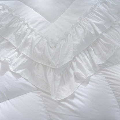 Boho Bedding Comfrter Queen White Comforter Set Shabby Chic Bedding 2 Layers Ruffles Home Decor Farmhouse Bed Comforter 1 Comforter 2 Pillowcases (White, Queen)