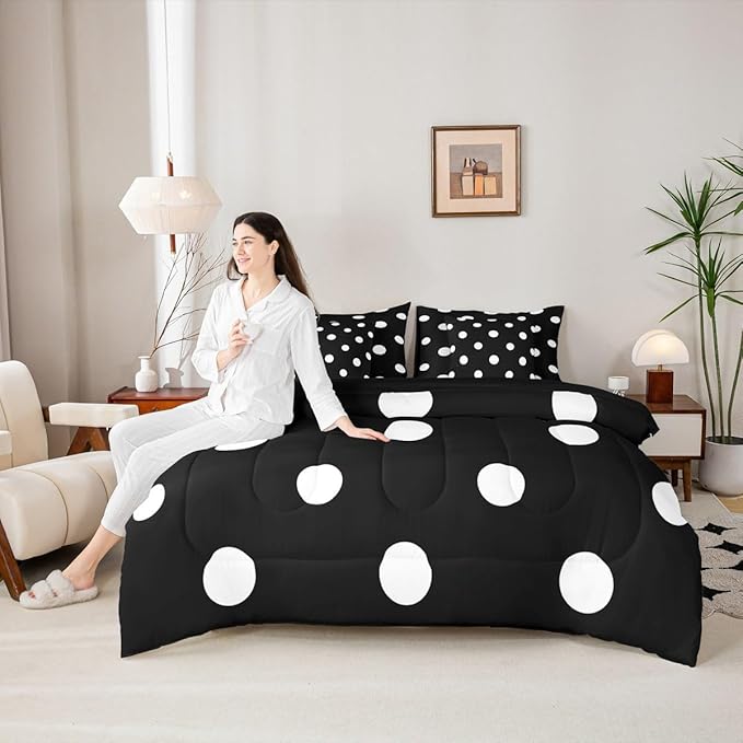 Feelyou Polka Dot 7 Piece Bedding Set Black White Comforter Set with Sheets for Kids Boys Girls Geometric Plaid Bed in a Bag Modern Cute Bed Set Soft Lightweight