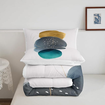 Erosebridal Geometric Comforter Set Queen Vintage Minimalism Bedding Set, Mid Century Down Comforter Abstract Polka Dots Bed Set, Aesthetic Lines Quilted Duvet Beige Dark Green White Grey 3-Piece
