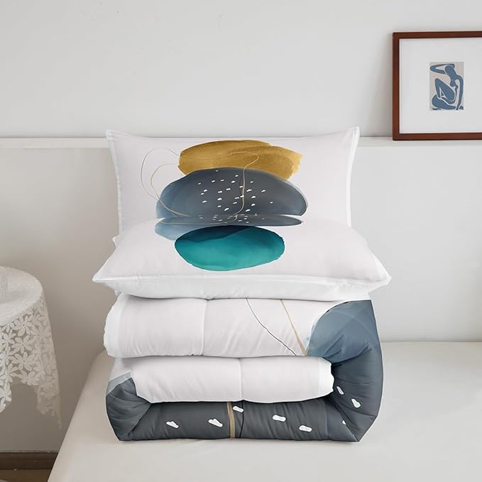 Geometric Bedding Set King Vintage Minimalism Comforter Set, Mid Century Duvet Insert Abstract Polka Dots Quilt Sets, Aesthetic Lines Bedding Comforters & Sets Beige Dark Green White Grey 3-Piece